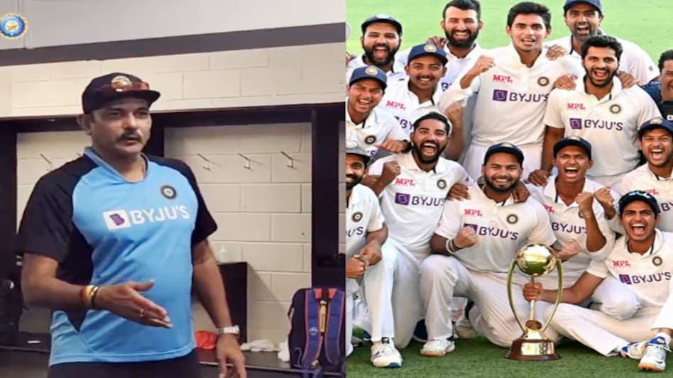 Ravi Shastri addresses the Indian dressing room after the Gabba win